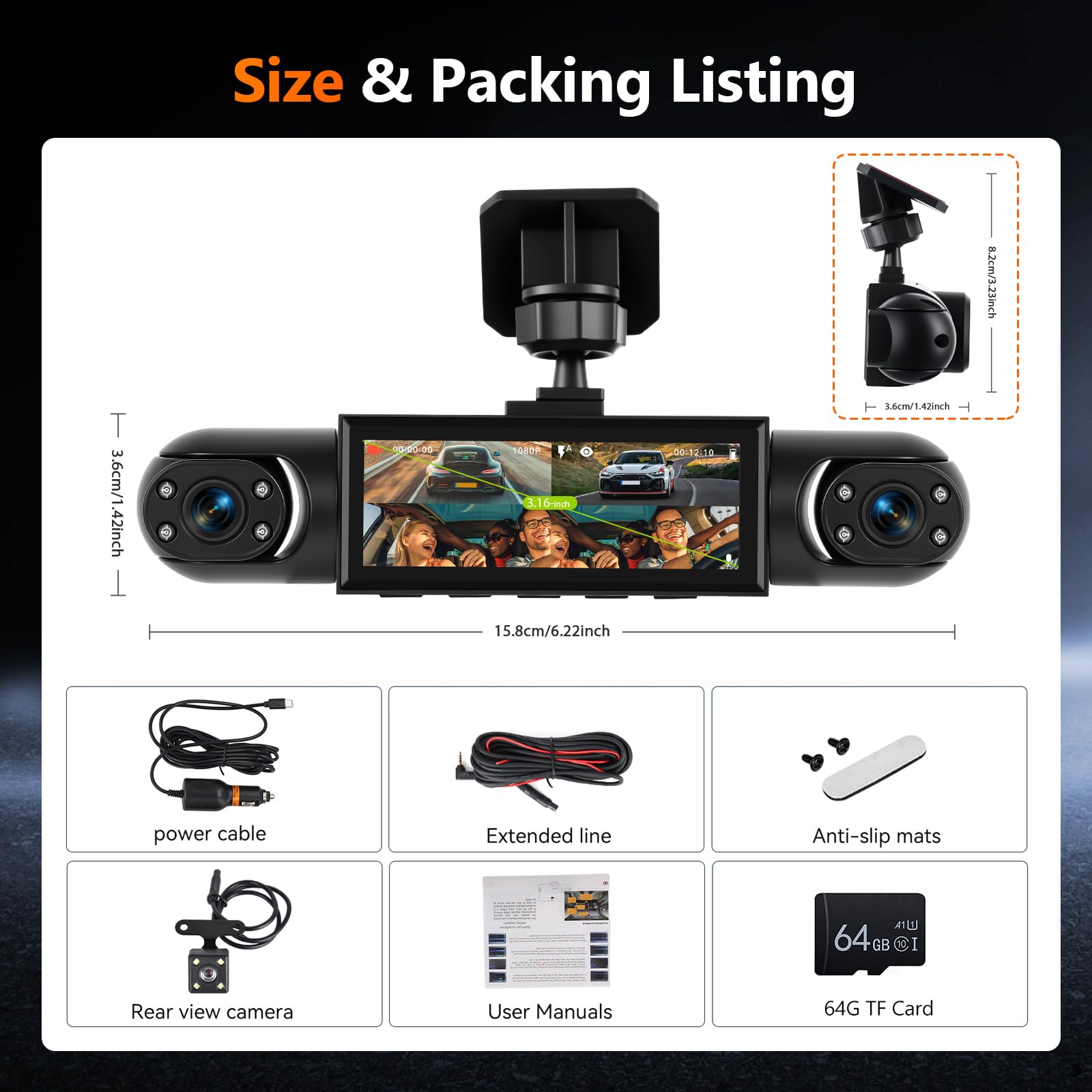 Mirror Dash Cam 4 Channel Front Rear, 3,16" Rückspiegel Kamera mit G-Sensor/Parking Monitoring/Night Vision/24H Parking Mode 360 Grad Schutz+ 64GB Karte