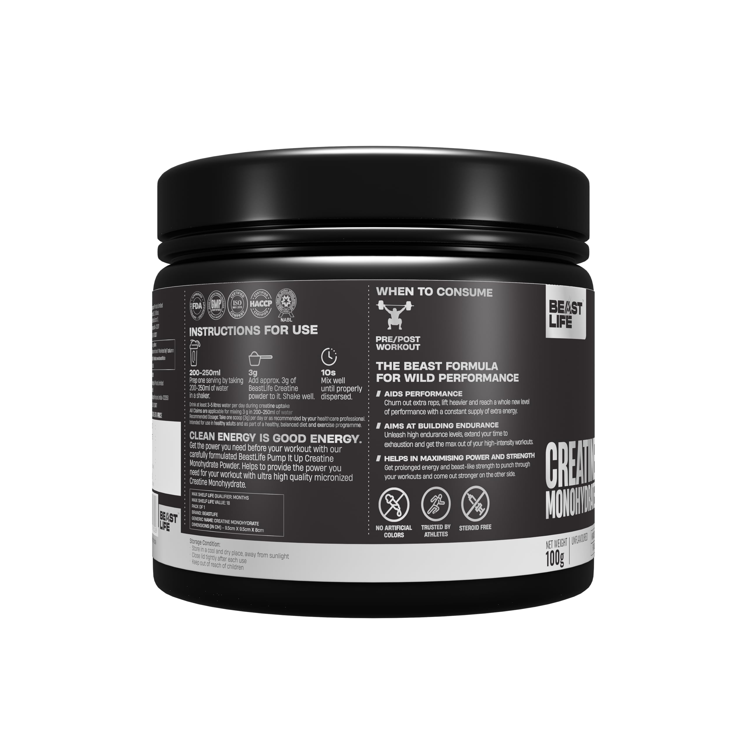 BeastLife Micronised Creatine Monohydrate with Free Shaker | 100g | 33 Servings | Unflavoured | NABL Lab Tested | Rapid Absorption for Muscle Strength & Athletic Performance | Super Micronised Creatine Powder — Amazon image 2