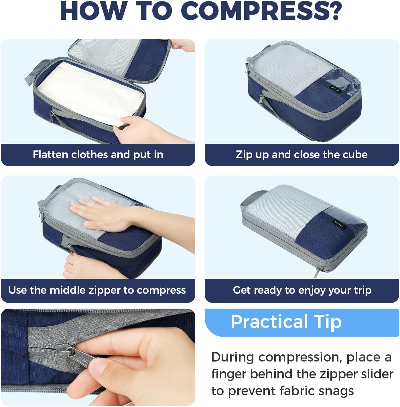 BAGAIL 6 Set Lightweight Compression Packing Cubes with Packing List, Anti-Tearing Expandable Organizer Bags for Travel, Navy - Image 6