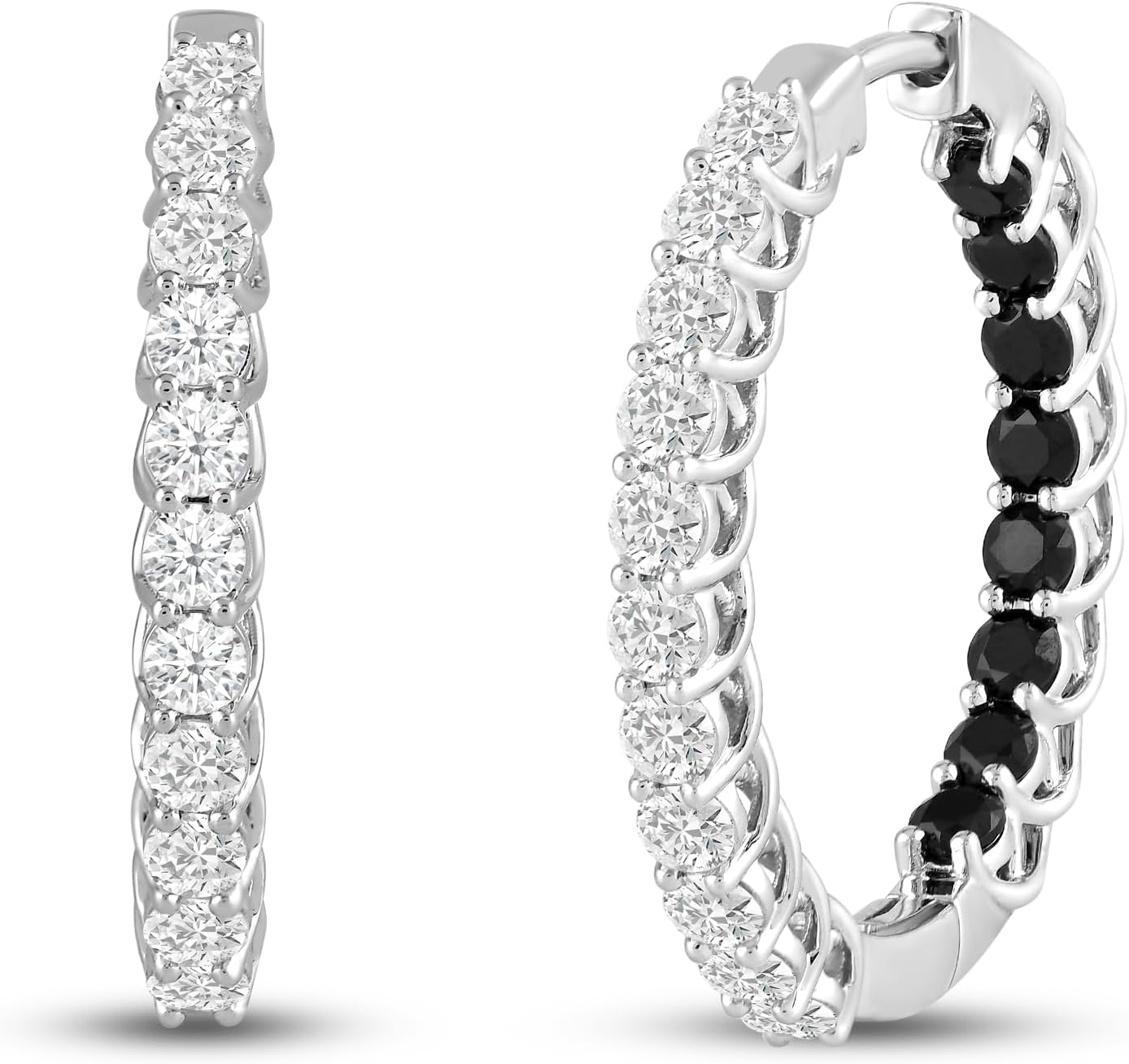Jewelili Fine Silver Plate Hoop Earrings | Round Cut Black & White Cubic Zirconia | Hoops for Women, Sparkle Round Hoops for Ladies, Hoop Earrings