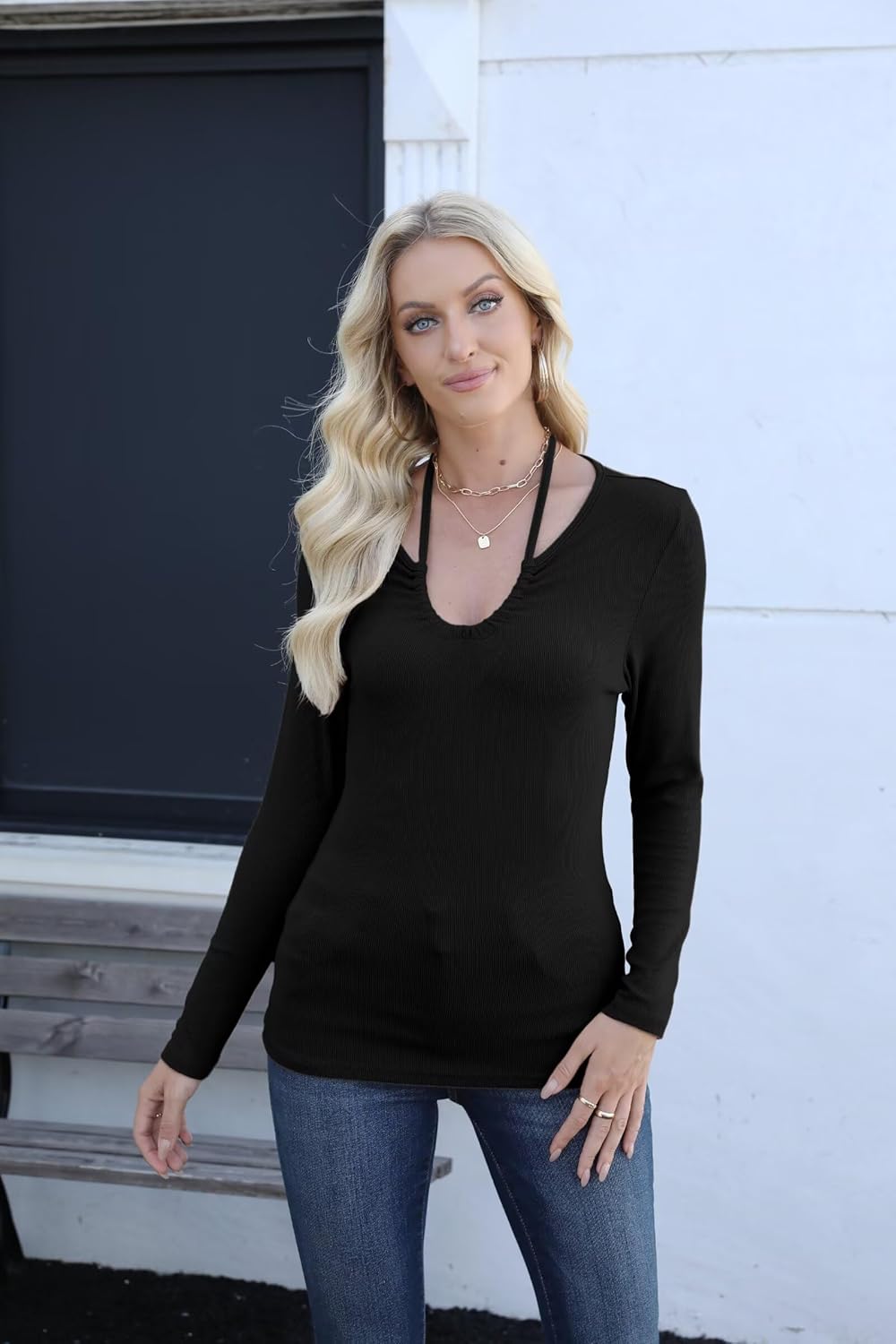 VICHYIE Womens Fall Clothes Long Sleeve Shirts Halter V Neck Ribbed Knit Slim Fitted Basic Casual Tops - Image 3