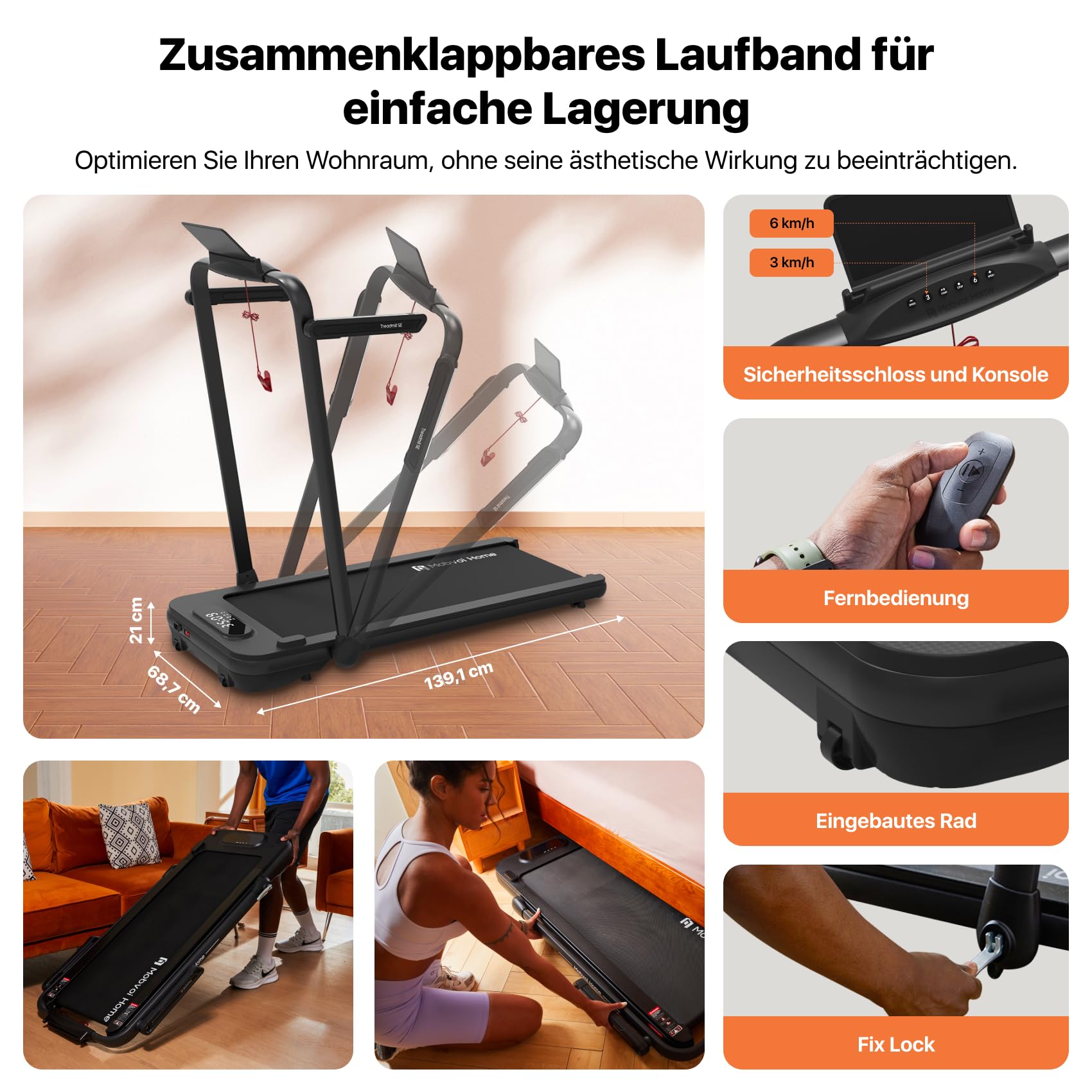 Mobvoi Home Laufband SE, Intelligente KI 3-in-1-Klapplaufband, elektrisches Laufband, 2,5 PS, kompakt tragbar unter dem Schreibtisch, 12 km/h, Fernbedienung, platzsparend, TicSports APP, 120 kg