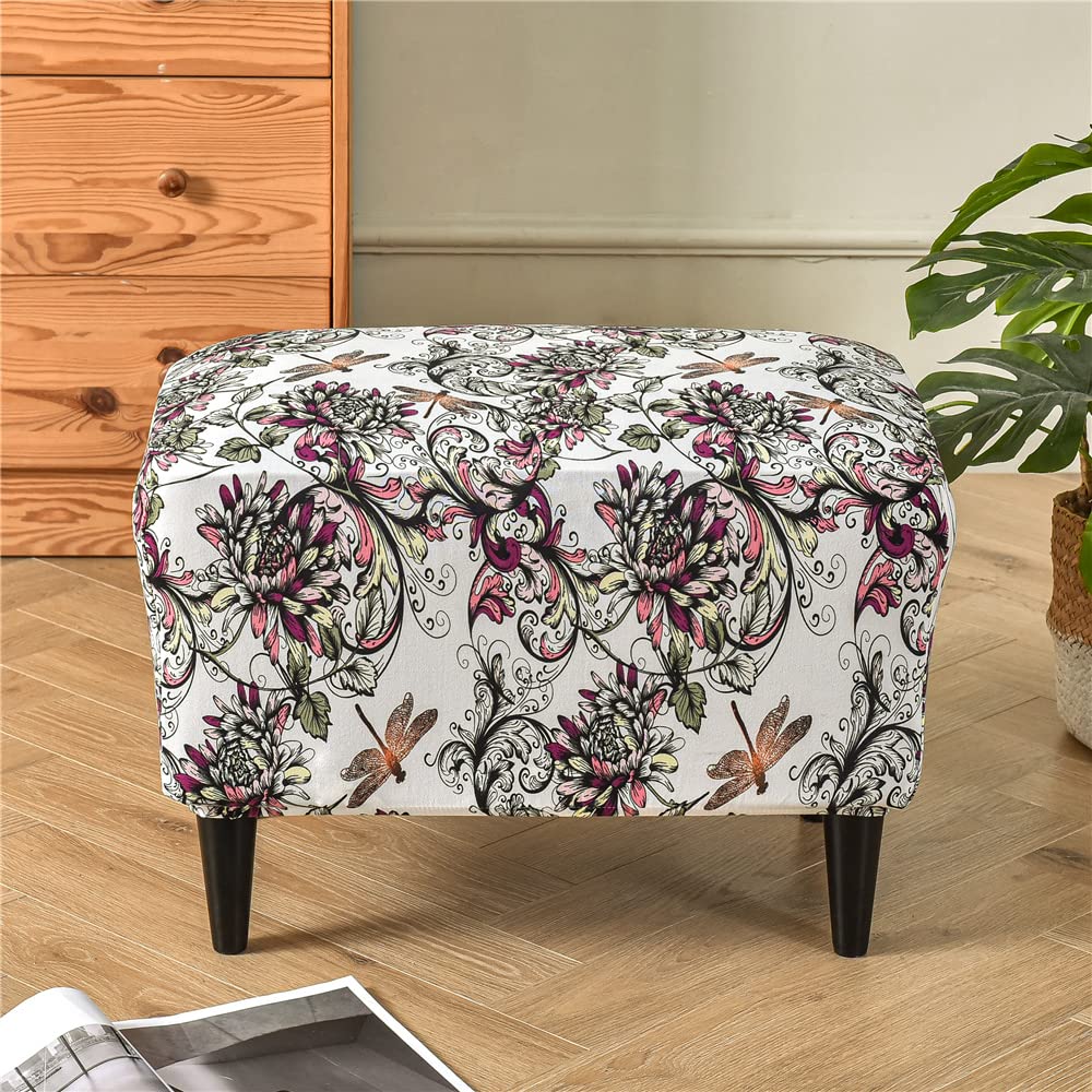 Highdi White Luxury Floral Stretch Ottoman Rectangle Footstool Slipcover With Elastic Bottom, Removable Washable Pouffe Cover Footrest Stool Cover For Living Room Bedroom (White)