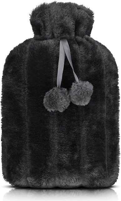 Hot Water Bottle Cover Only Pom Pom Soft Fluffy Cover Cozy Hot Water Bag Fuzzy Bottle Sleeve, Faux Fur Cover for Period Pain Leg Shoulder Feet Adults Kids Winter Accessories, for 2 Litre (Light Gray)