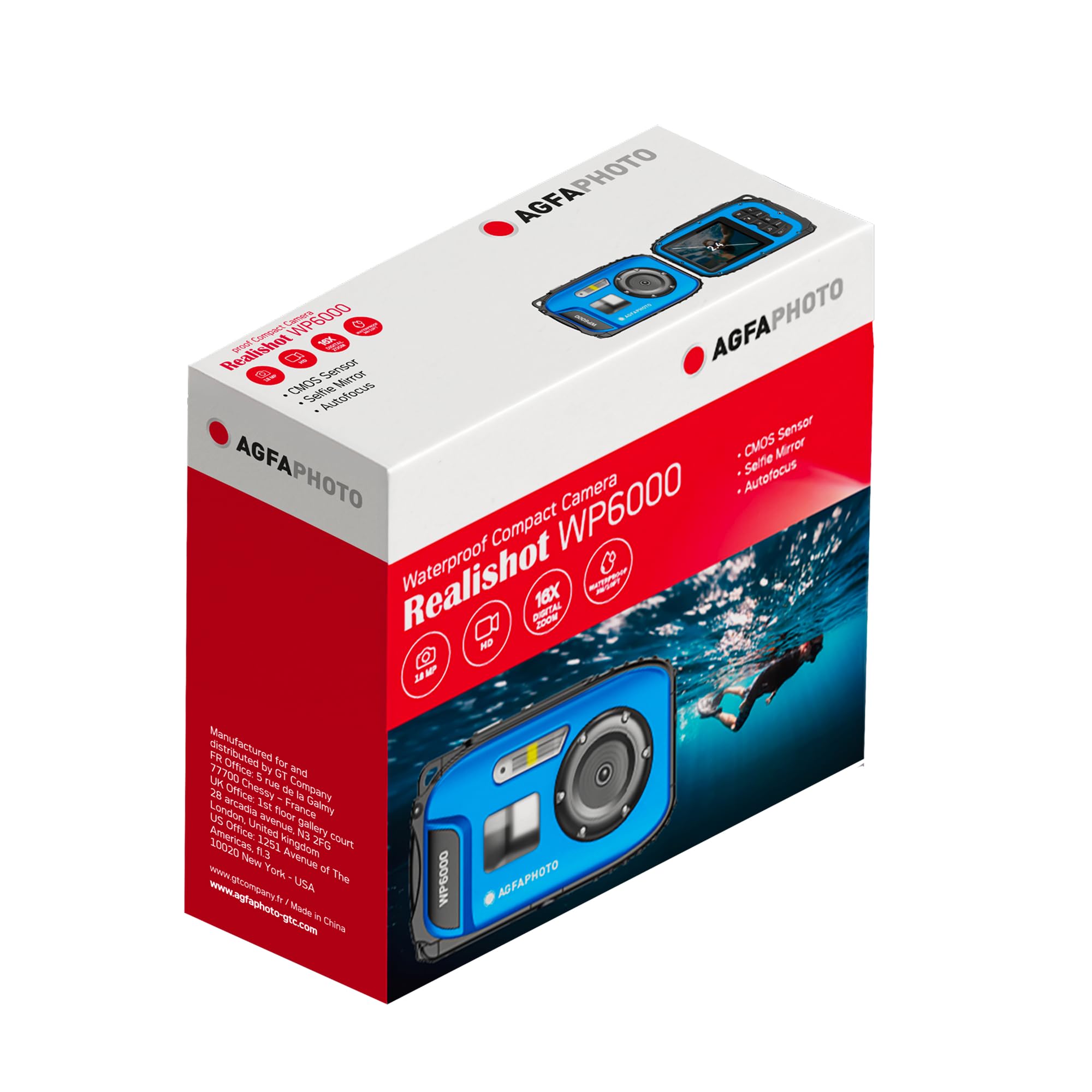 AGFA PHOTO Realishot WP6000 - Fotocamera digitale impermeabile, 3 m/10 piedi, 18 MP, video HD, schermo LCD da 2,4”, zoom digitale 16x, autofocus, specchietto per selfie, batteria al litio - Blu