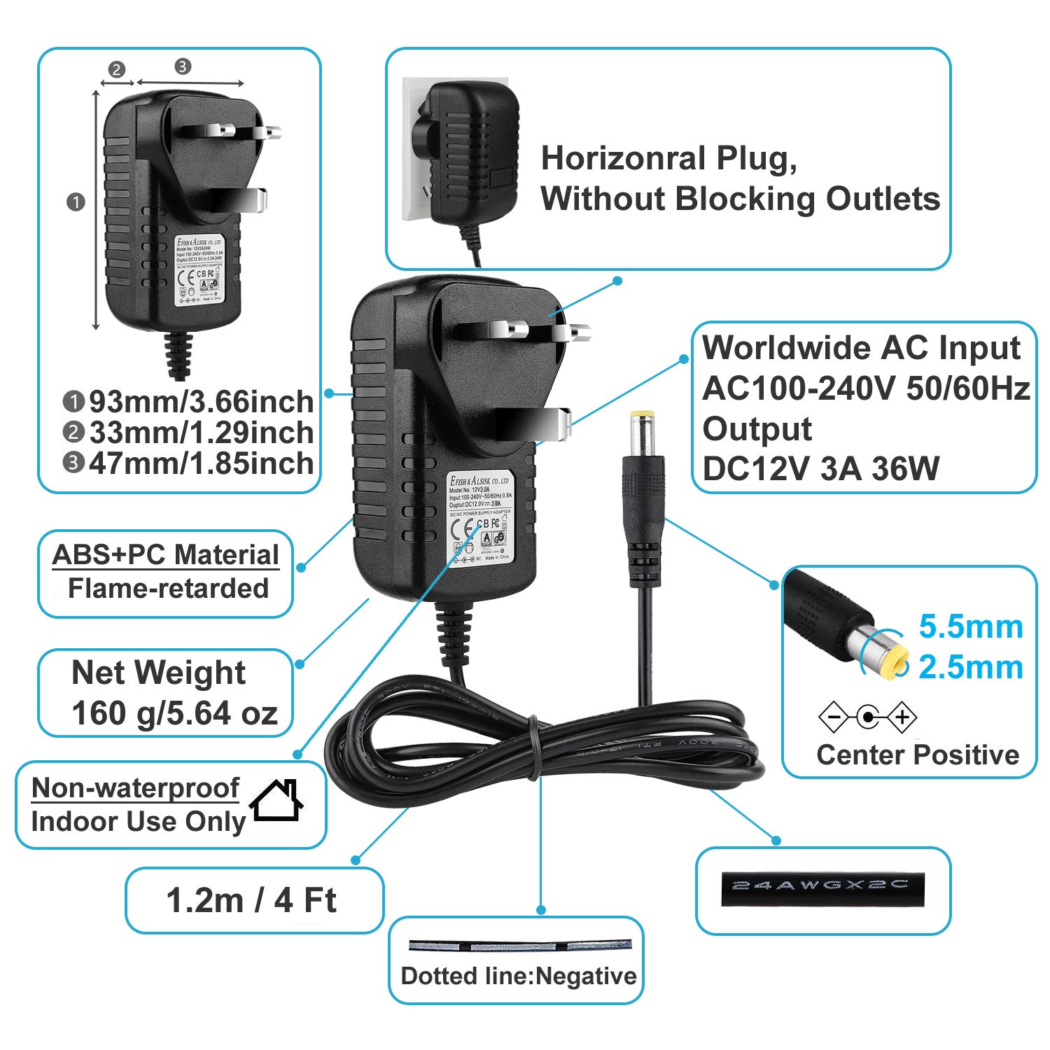EFISH EFISH 12V 3A 36W Power Supply,AC to DC Adapter with 7 Selectable Adapter Conversion Heads fit for Led Strips,CCTV Camera,Cisco Router,Router,Alarm bell,Case Fan,CE Approved in use