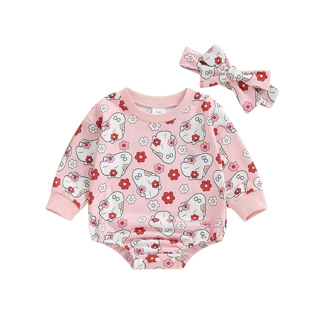 Newborn Baby Girl Boy Halloween Outfit Ghost Sweatshirt Bubble Romper Bodysuit Infant Fall Winter Clothes Pink ghost floral