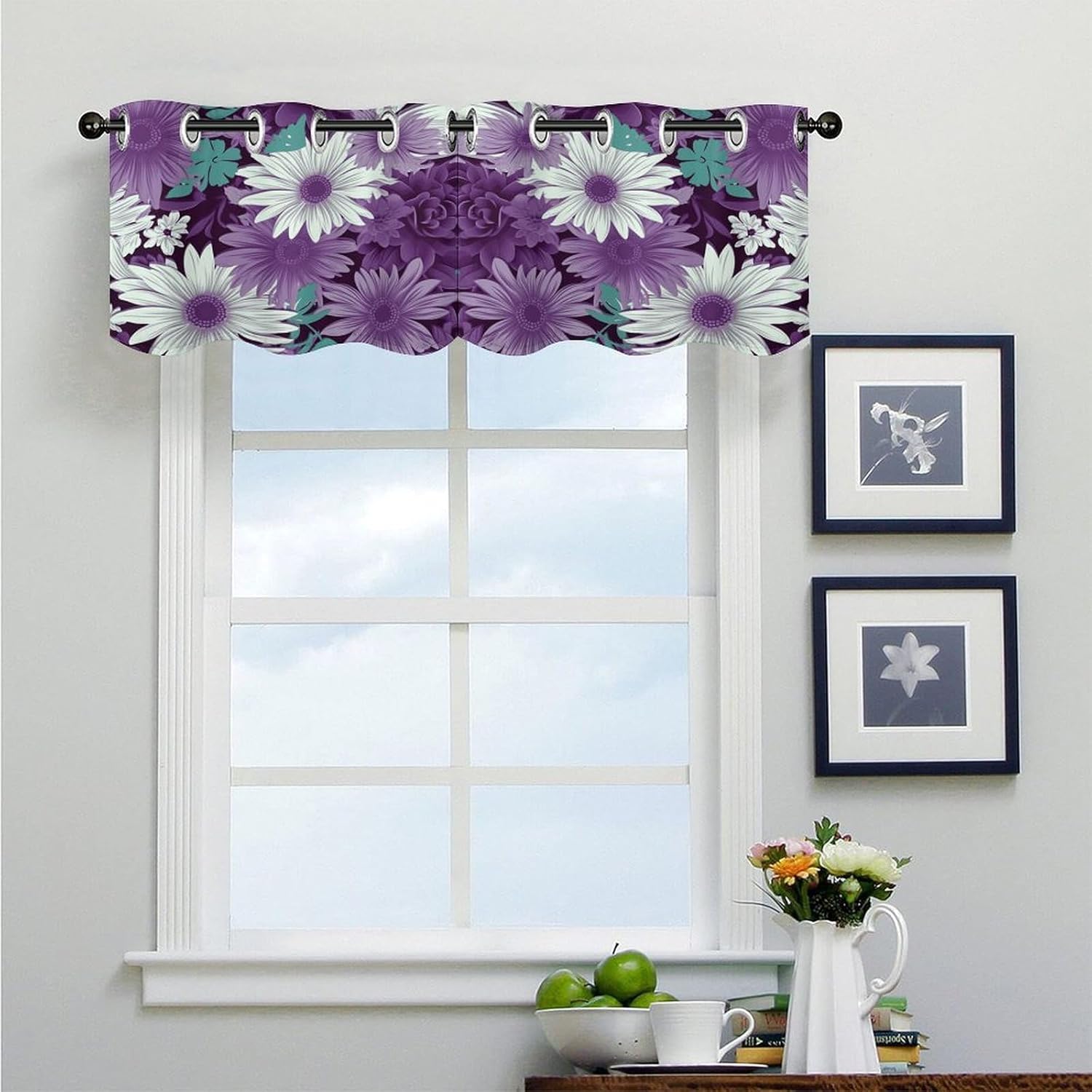 Purple White Floral 2 Pack Valance Curtains Window Treatments. Adjustable Curtain with Rod Pocket.Cafe Curtains is Half Curtains for Privacy Decorative 52x18.1 Inch.
