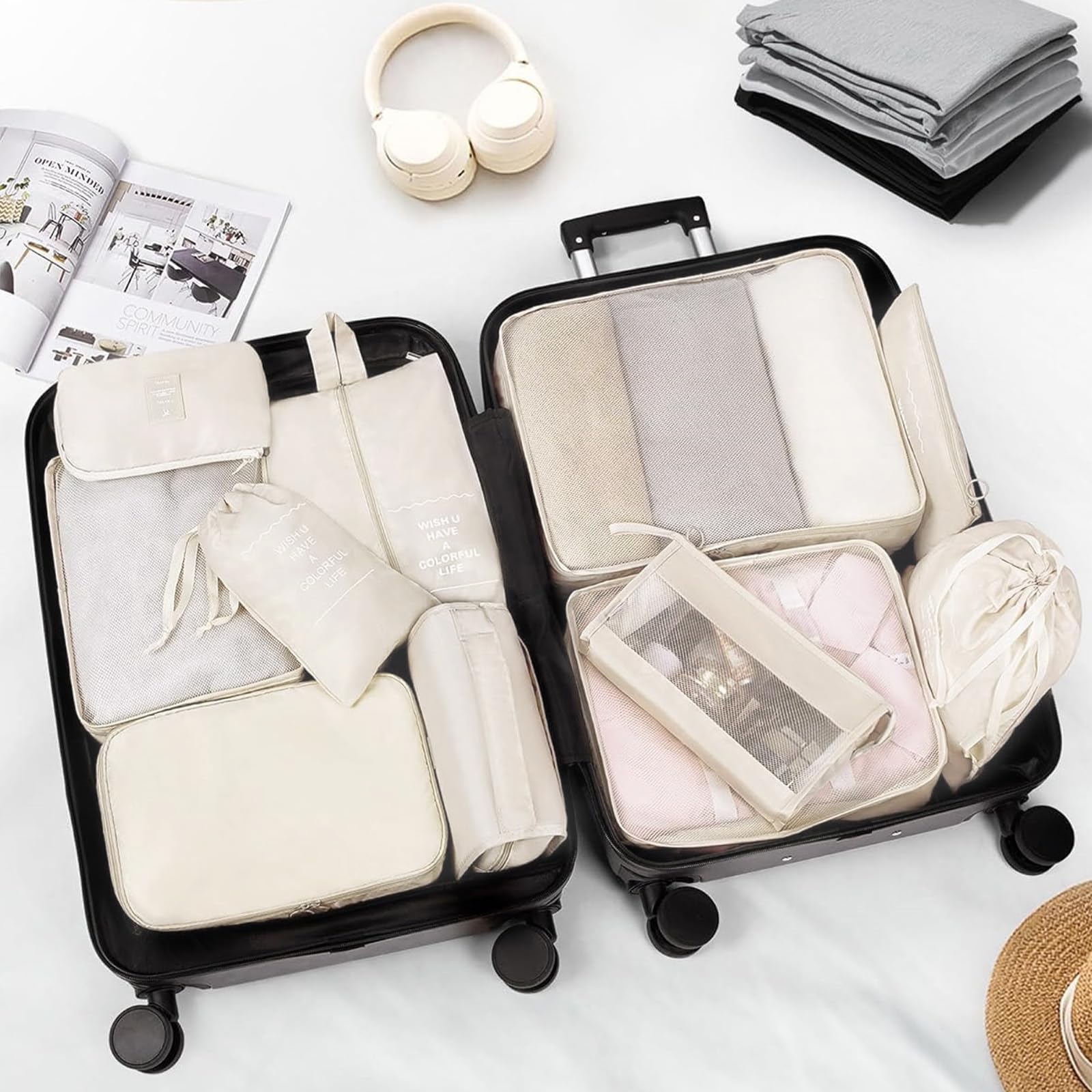 Organizer Valigia 10 Pezzi Organizer Viaggio, Organizer Valigia Salvaspazio Packing Cubes, Sacchetti vestiti viaggio, Sacchetti Valigia Organizer Abbigliamento Intimo Calzature (Beige)
