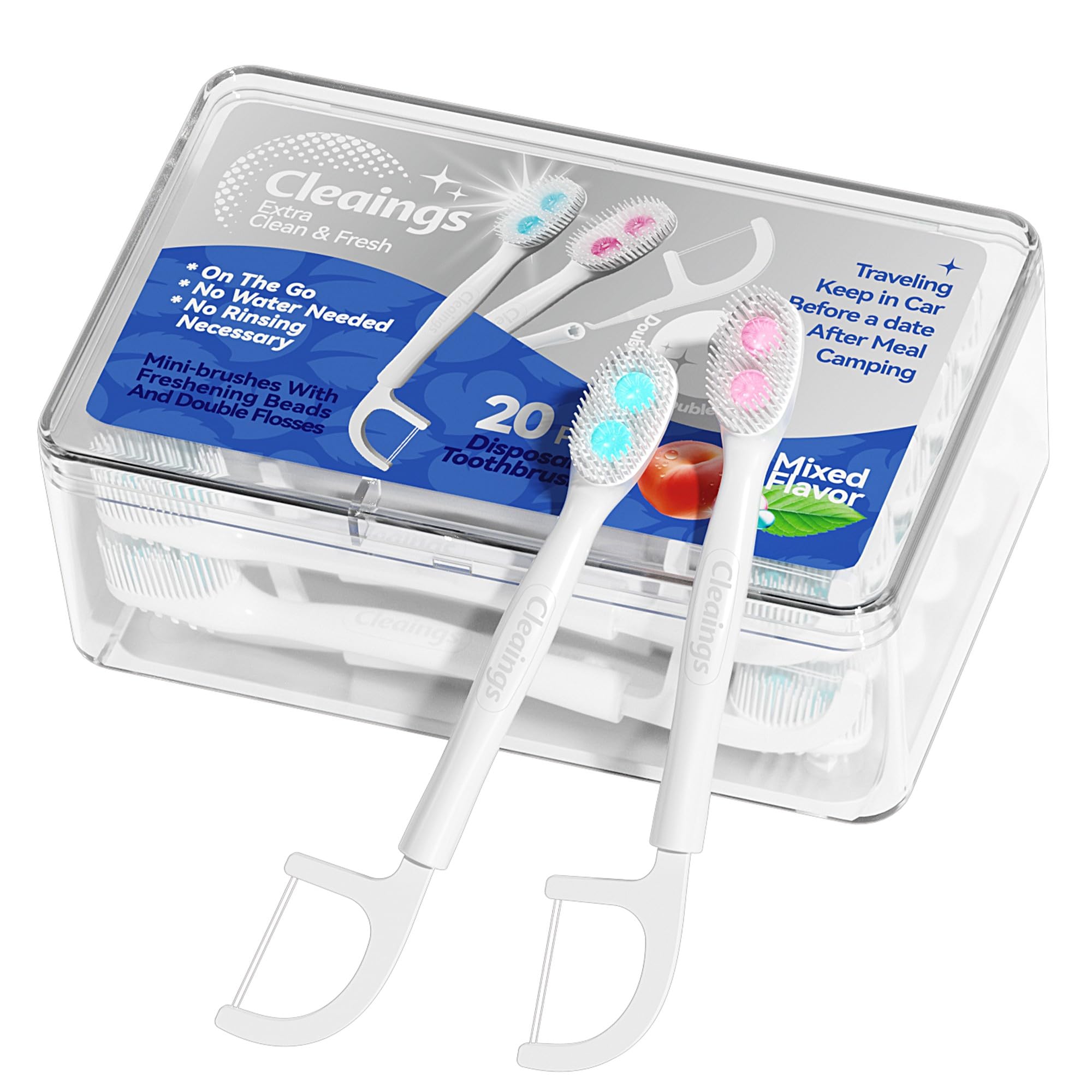 cleaings® Disposable Toothbrushes with Double Cleaning Beads Toothpaste and Clean Floss Picks for Work or Travel - 20 pcs-Mixed Flavor（Pack of 1）