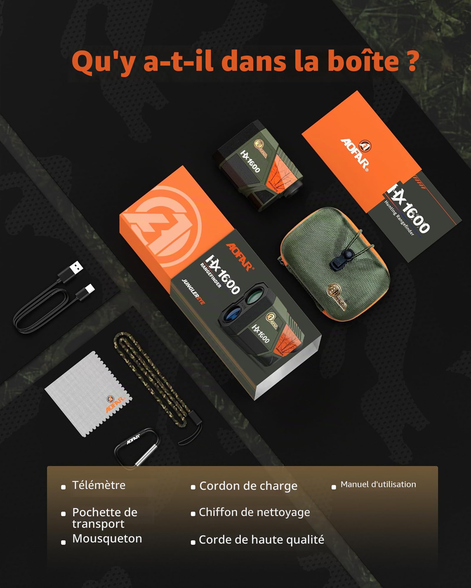 AOFAR HX1600 Télémètre Laser Chasse 1600Y, Angle & Distance Horizontale | Télémètre laser 1600Y avec mesure d’angle et distance horizontale, modes vitesse et scan, idéal pour chasse et tir à l’arc.