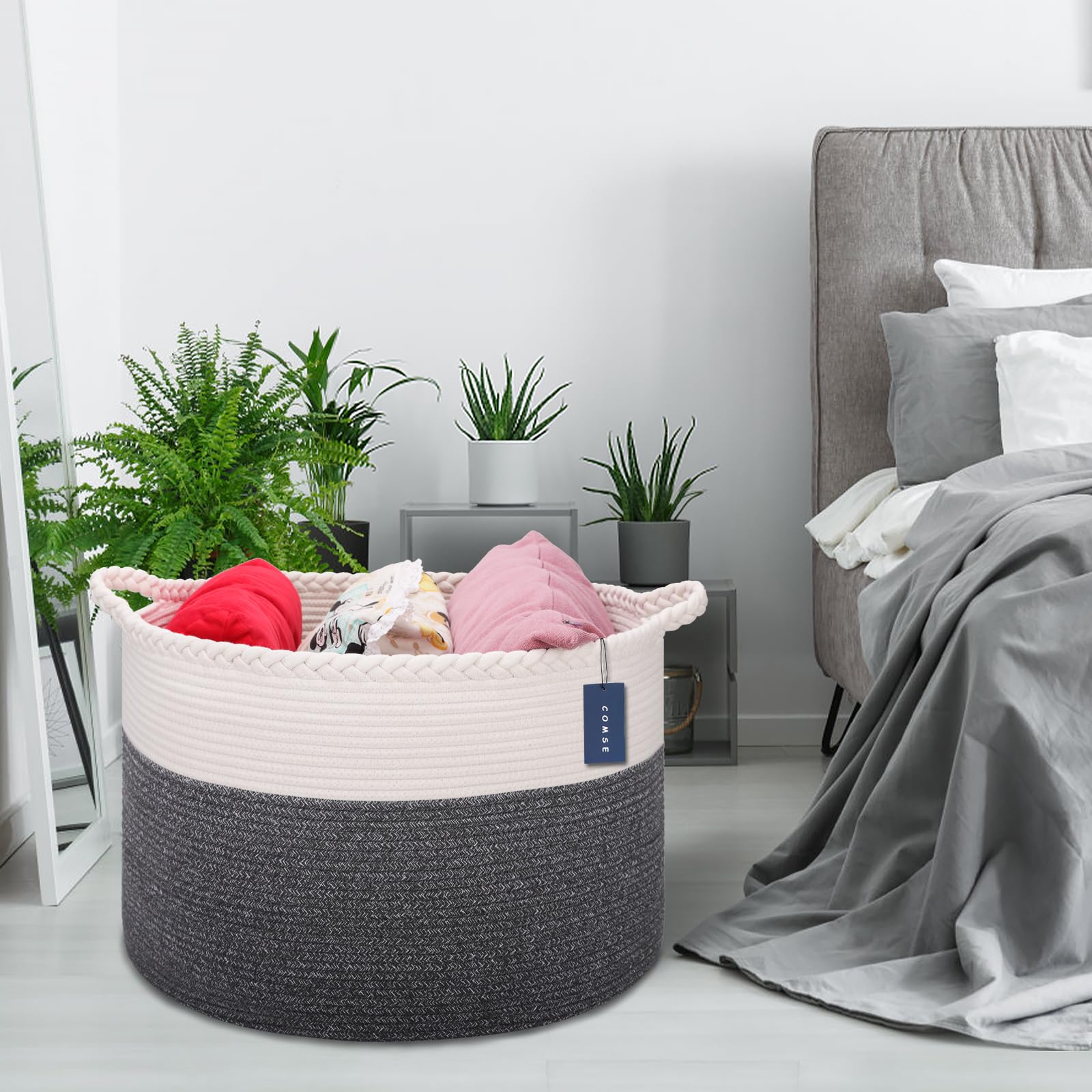 COMSE Cesto extra grande para mantas, cesta de almacenamiento, cesta de cuerda para la colada, 55 x 35 cm, cesta de cuerda de algodón, cesta de ropa XXXL, cestas para ropa, color blanco y negro