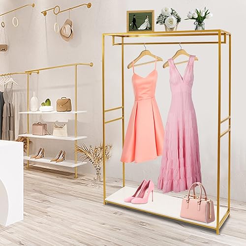 Miniatura 6 de Estante de ropa de oro al por menor de 75 pulgadas con estantes, estante de ropa para boutiques, estante de exhibición de vestido de boda, estante
