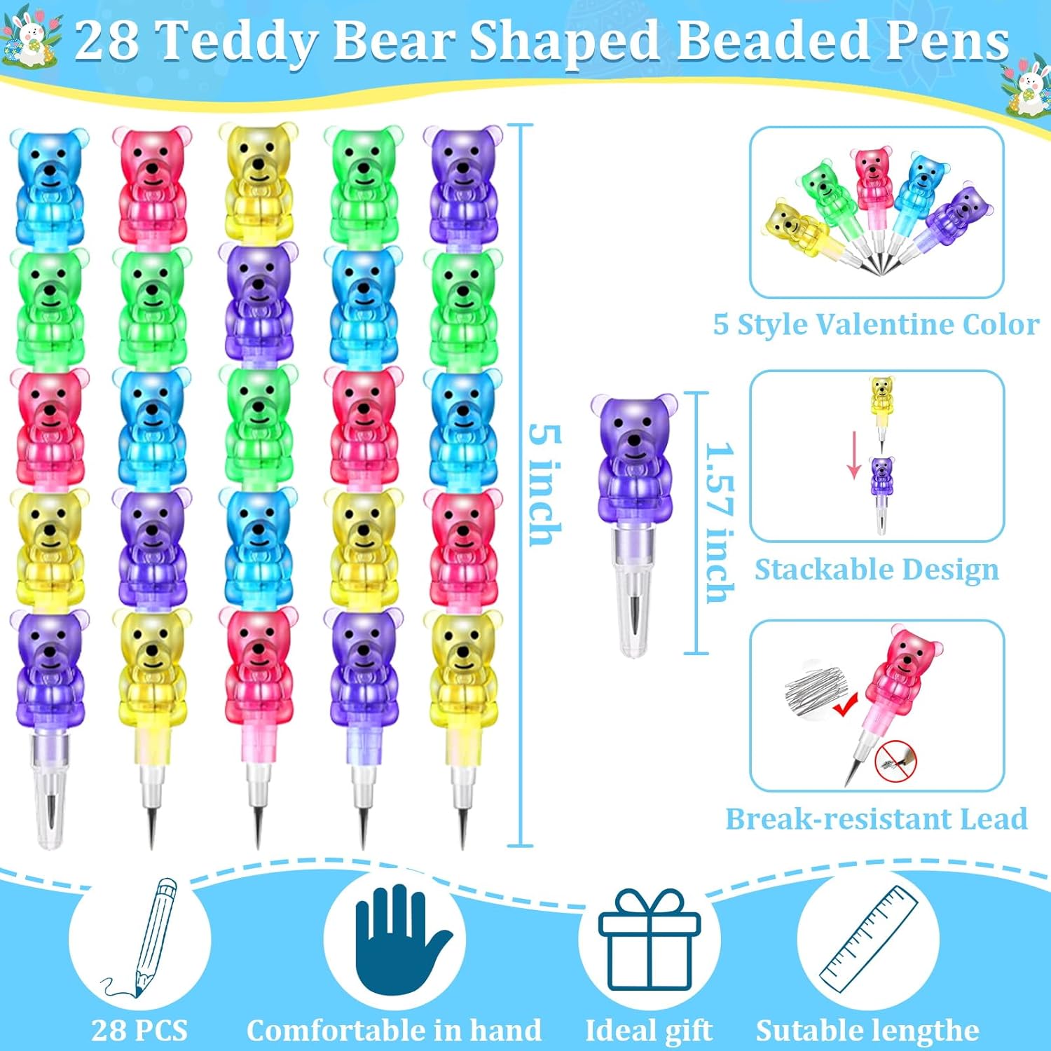AMENON 28 Pcs Stackable Pencils Plastic Bear Pencils 5 in 1 Stacking Colored，Stackable Pencils for kids Party Favors for Easter Basket Stuffer,Birthday Party Supplies,Goodie Bag Filler,School,Office