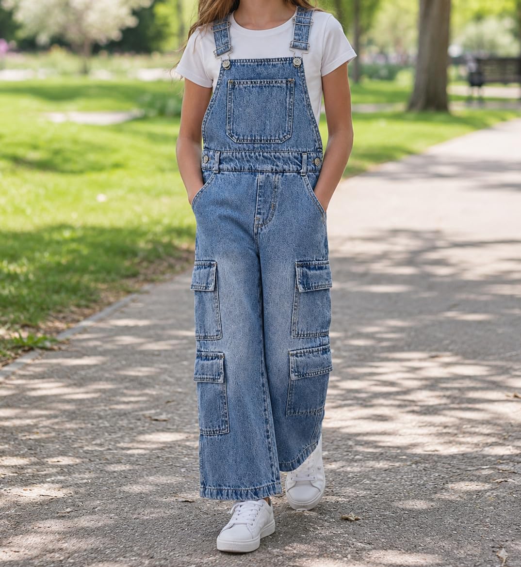 KIDSCOOL SPACE Mädchen Denim-Cargo-Latzhose, Jeans-Latzhose mit weitem Bein
