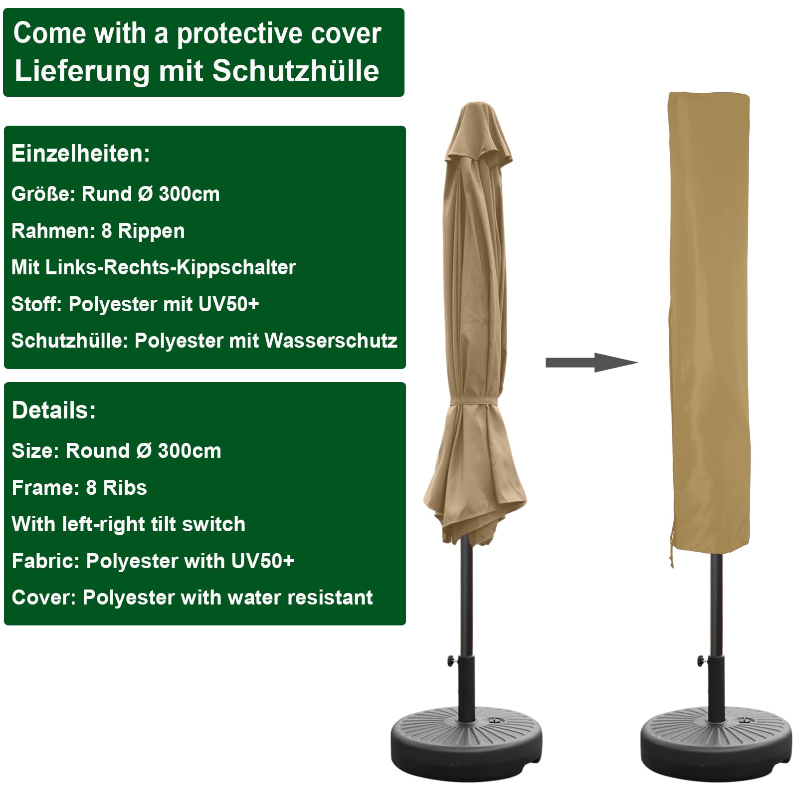 RANSENERS Kippbarer Sonnenschirm 300 cm, Beidseitig um 30° Knickbar, 8 Streben, Verdickter Gewebe, UV50+, für Garten, Balkon, Terrasse, im Freien