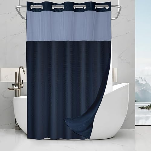 Vista 180 de Cortina de ducha de tortugas marinas, temática náutica de playa, verde y verde azulado, sin ganchos, punto gofre y forro desmontable, decoración