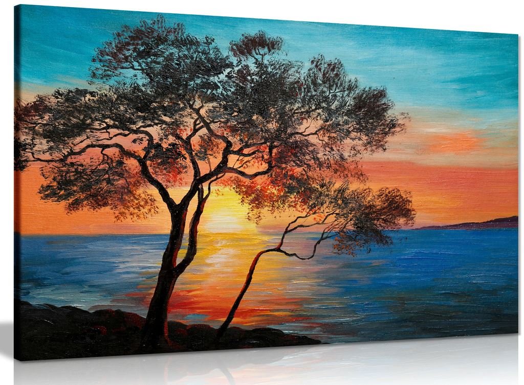 Panther Print Black Tree Near The Lake At Sunset Oil Painting Canvas Wall Art Picture Print (18X12in)