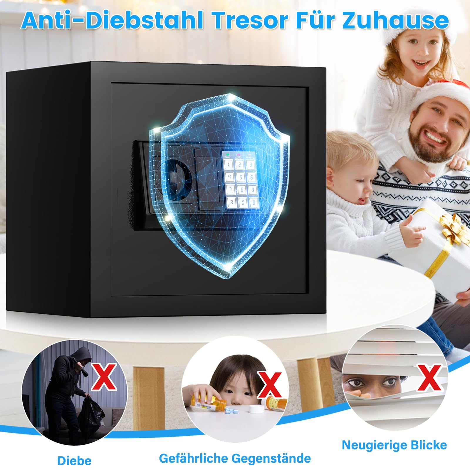 Cassaforte digitale per la casa con custodia ignifuga, cassaforte per mobili da 34 l, con ripiano rimovibile, porta USB-C, modalità allarme e modalità silenziosa, cassaforte da parete per