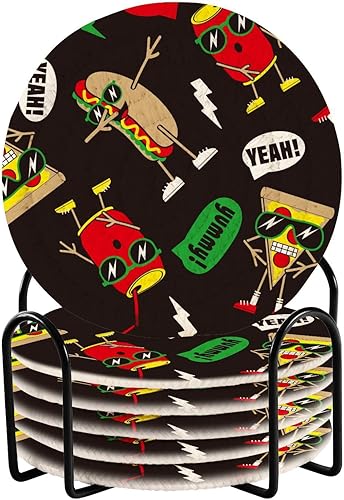 Miniatura 1 de Coasters Absorbant with Holder Set of 6 Coasters for Drinks Coasters for Office Porta Vasos para Mesas Funny Hot Dogs