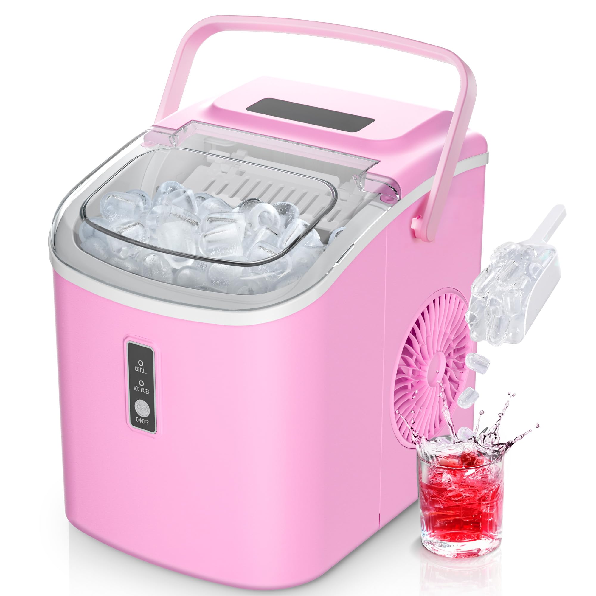 EUHOMYCountertop Ice Maker Machine with Handle, 26.5lbs Per Day, 9 Cubes in 6 Mins, Auto-Cleaning Portable Ice Maker with Basket and Scoop, for Home/Kitchen/Camping/RV (Pink)