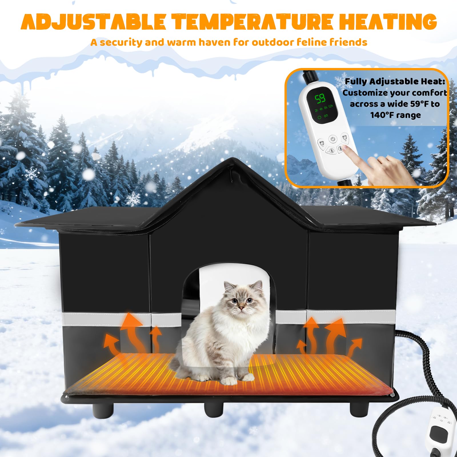 Homegroove Casetta per gatti riscaldata per esterni, per feste invernali, isolata per esterni, con cuscinetto riscaldante e lucernario, protezione per randagi e gatti selvatici (nero)