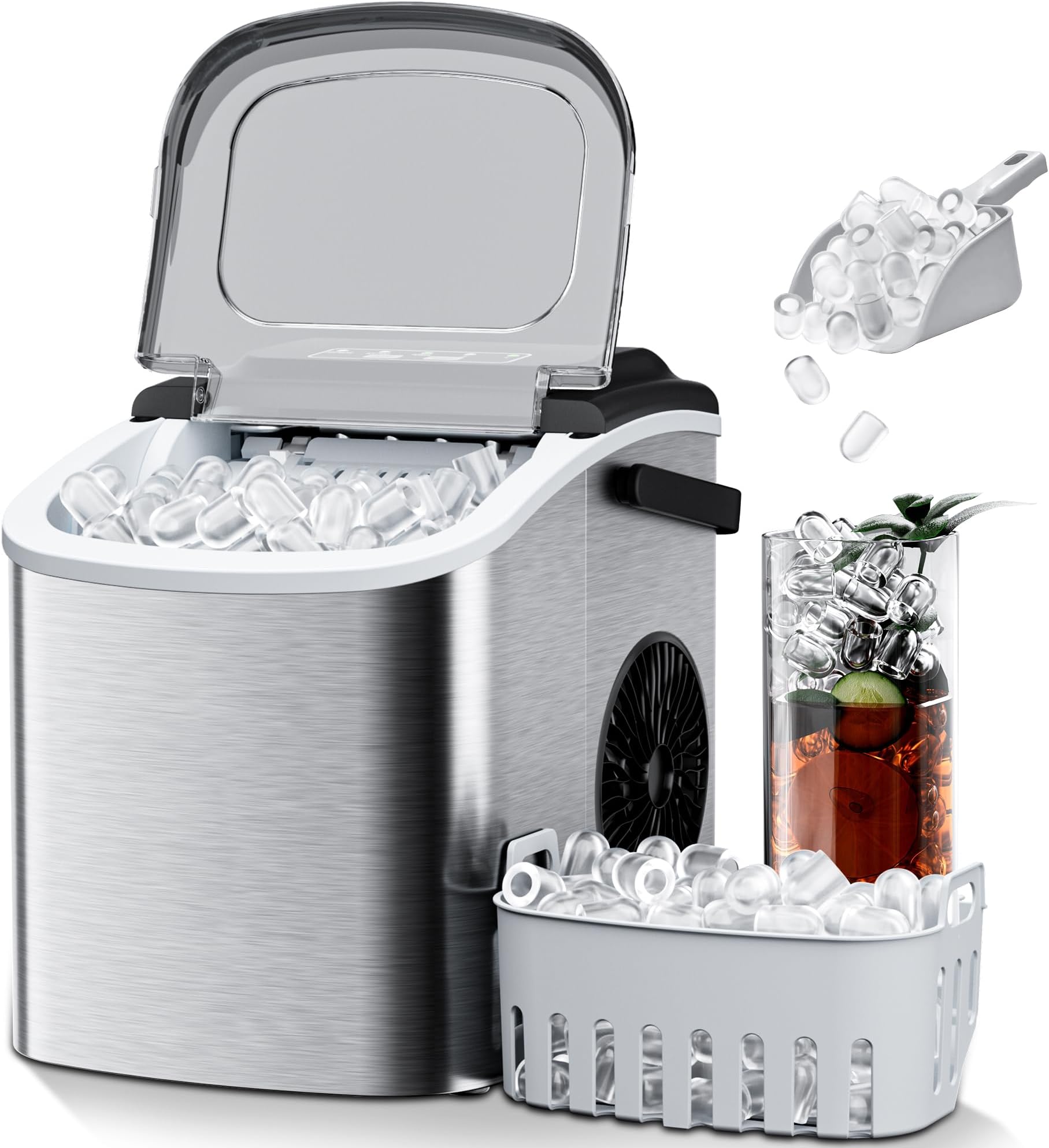 Countertop Ice Maker 26lbs/24H Portable Ice Machine 2 Sizes of Ice Cubes,9 Ice Cubes in 8 Mins, Stainless Steel Design Ice Scoop & Basket Included Self-Cleaning for Kitchen, Bar, RV,Home