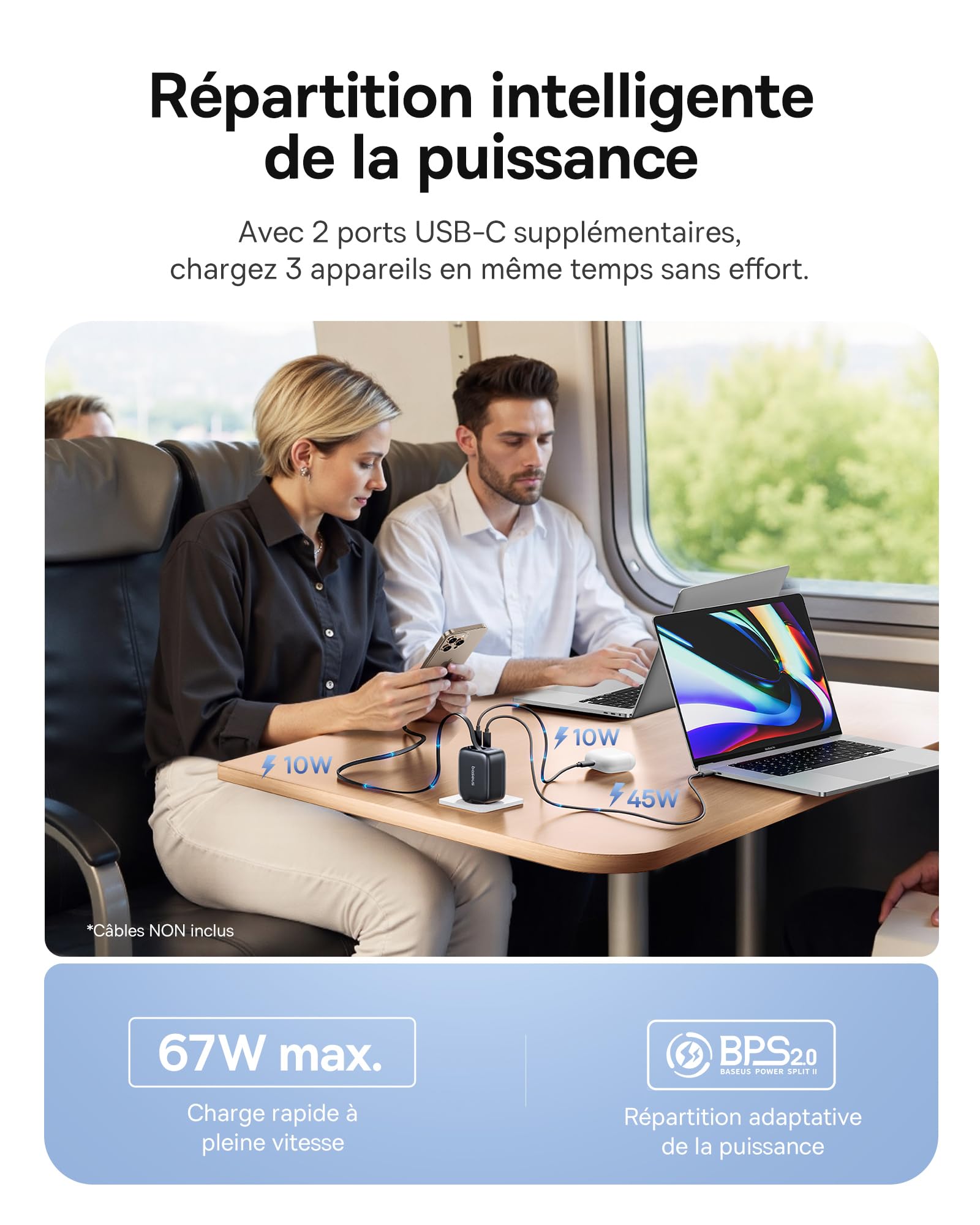Baseus Enercore Chargeur USB C 67W avec Câble Rétractable, Chargeur GaN Compact avec 2 Ports USB-C, Compatible iPhone 17/16/15/14, Galaxy S25/24/23/22, MacBook Pro/Air, Dell, HP, iPad