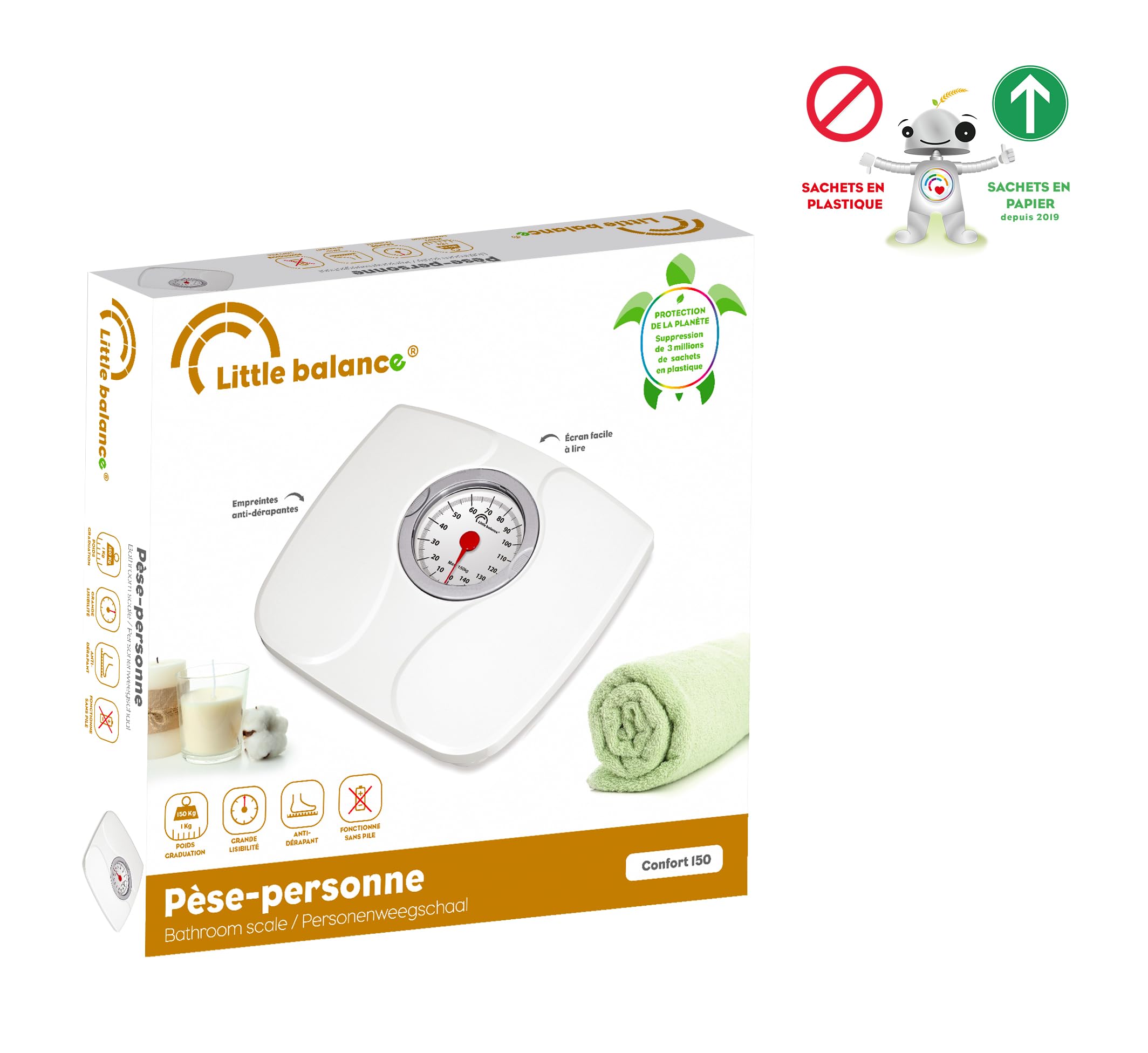 LITTLE BALANCE 8935 Confort 150, Bilancia pesapersone meccanica, Bilancia con schermo XL, Forma compatta, 150 kg, Bianco