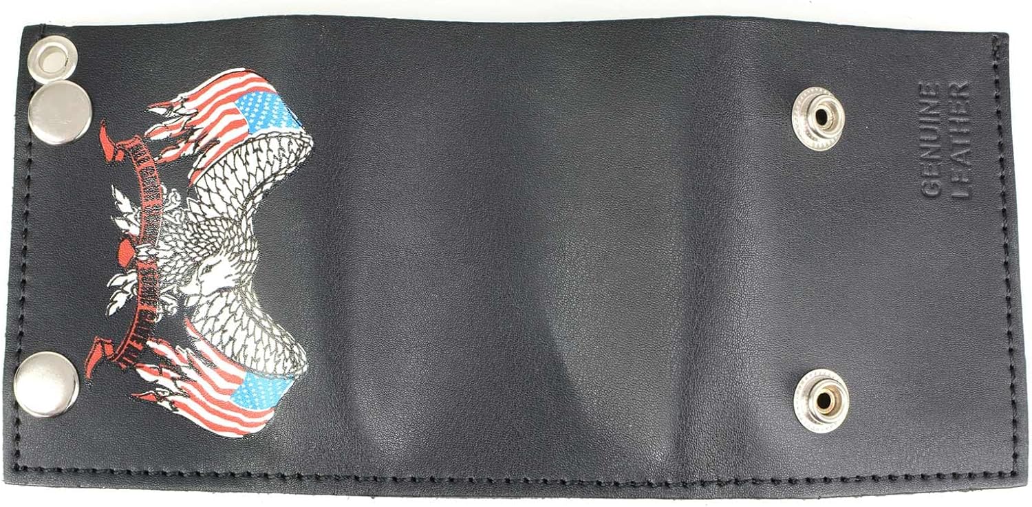 Milwaukee Leather MLW7837 Men's 4” Leather “Eagle w/Flag” Tri-Fold Wallet w/Anti-Theft Stainless Steel Chain - One Size