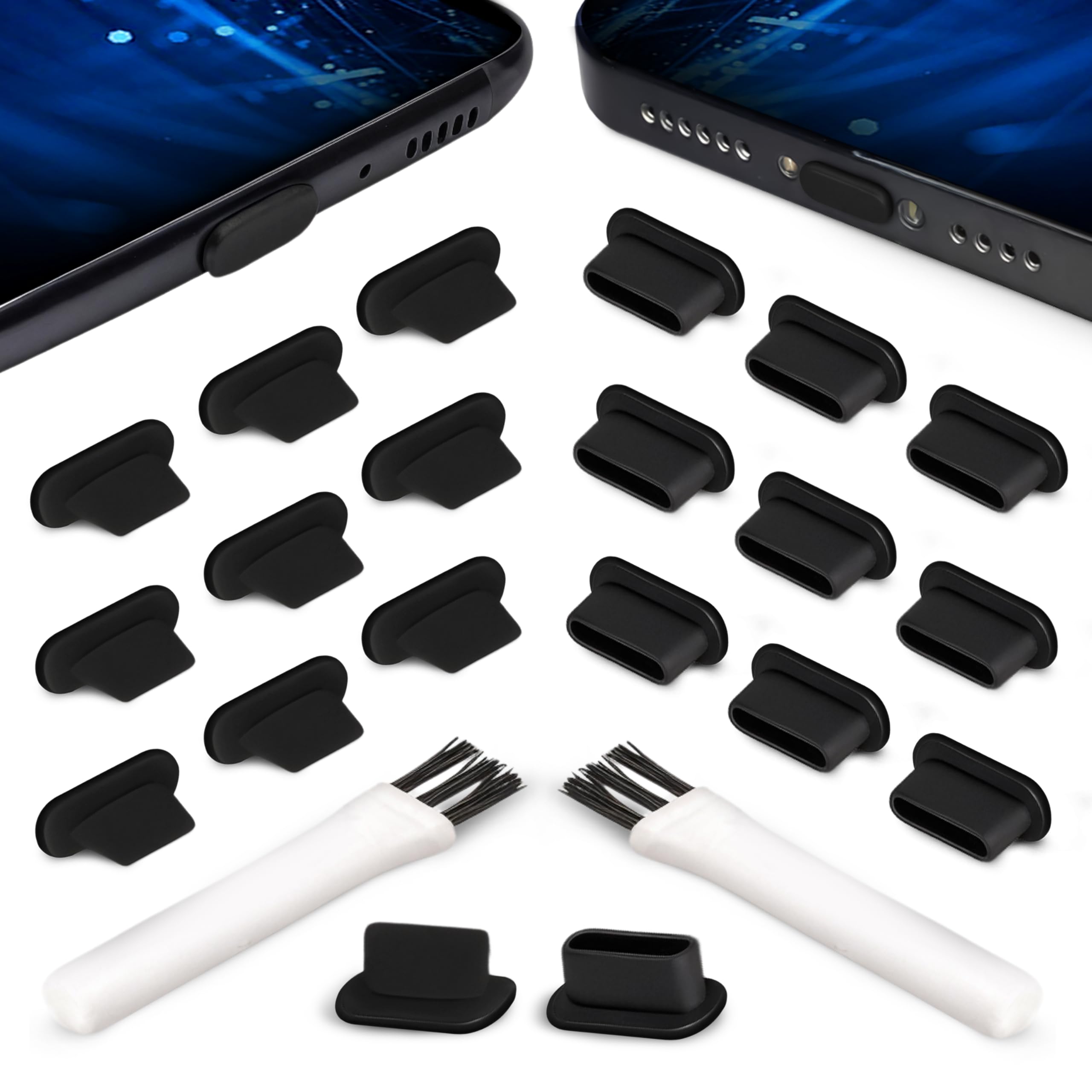PortPlugs Dust Plug Bundle Set – 20 Anti-Dust Plugs with 2 Cleaning Brushes – Compatible with iPhone Lightning, USB-C, Android Devices – Black