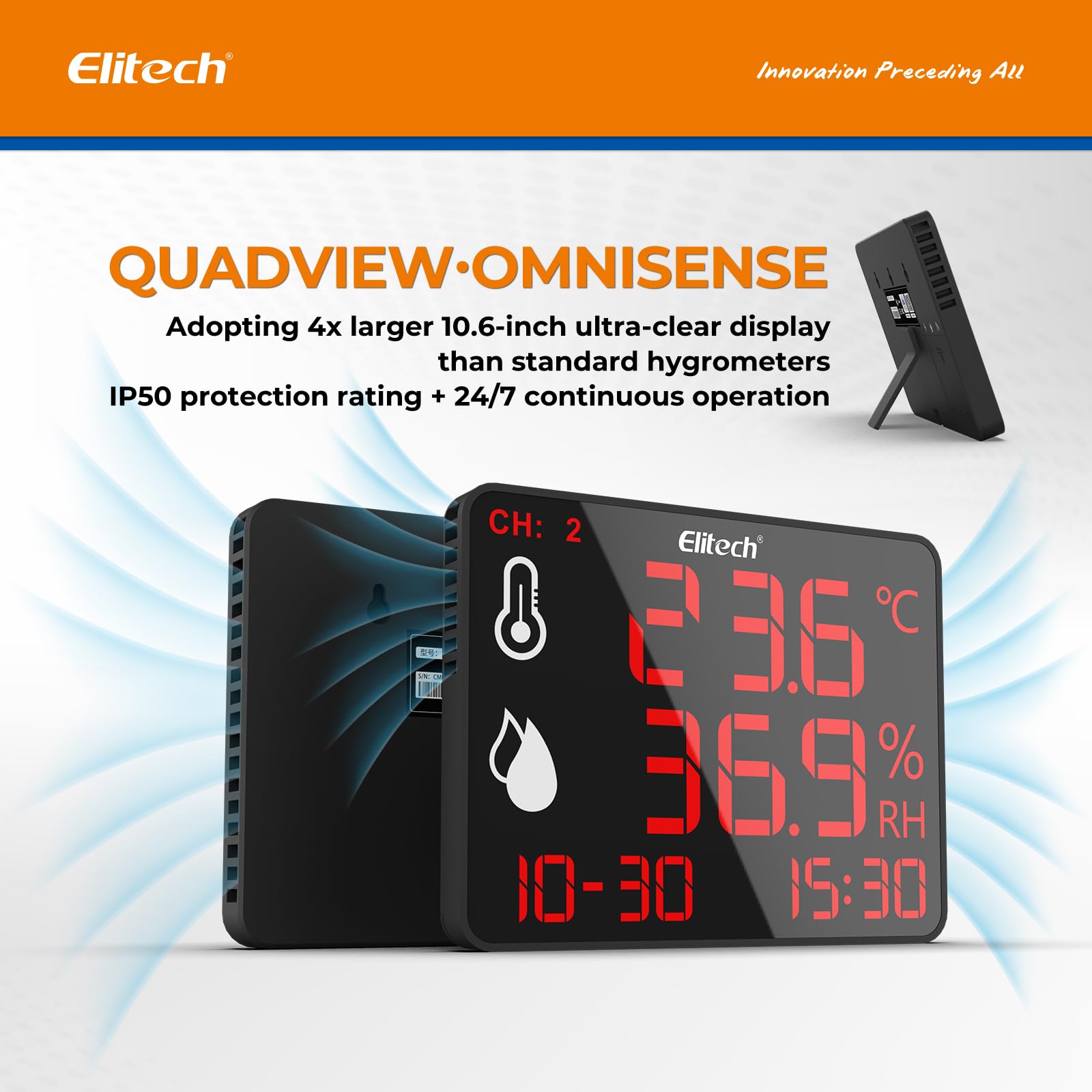 Elitech Termómetro higrómetro digital con doble sonda externa, 2 x 2 m, grabadora Bluetooth 30.000 puntos, gran pantalla para almacén, invernadero, laboratorio, DR-230-THDE