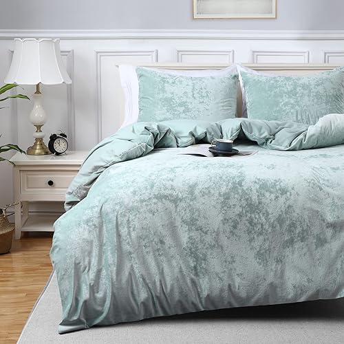 CAROMIO Funda de edredón de terciopelo tamaño Queen  Juego de funda de edredón de franela suave de lujo con cierre de botón y 8 lazos en las