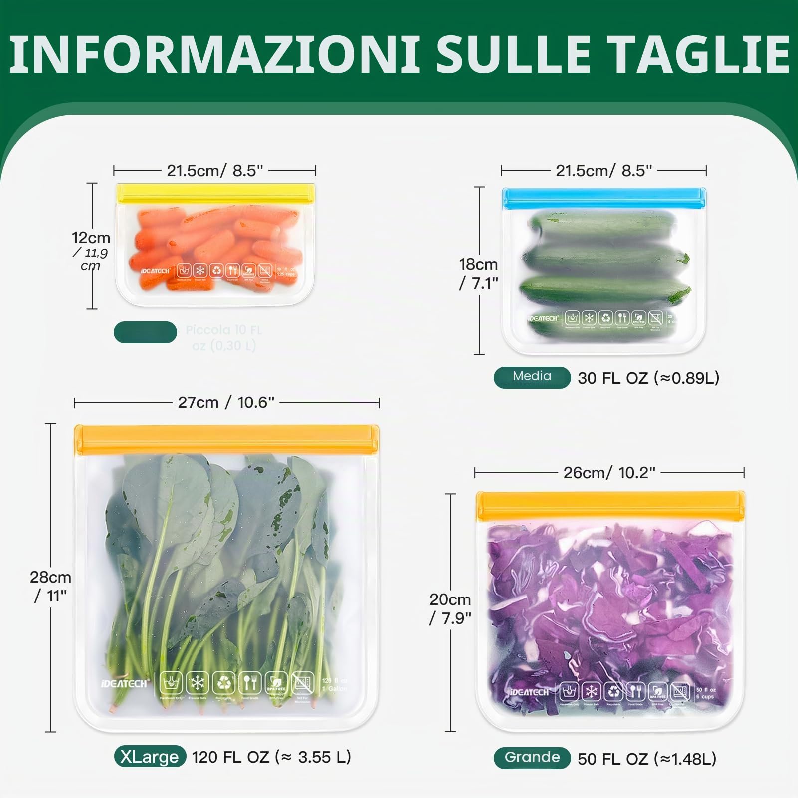 IDEATECH Sacchetti Silicone Freezer 20 Pack Riutilizzabili Buste Alimenti Richiudibili Congelatore Cibo Ermetici Zip BPA Free Gelo Verdura Carne Frutta