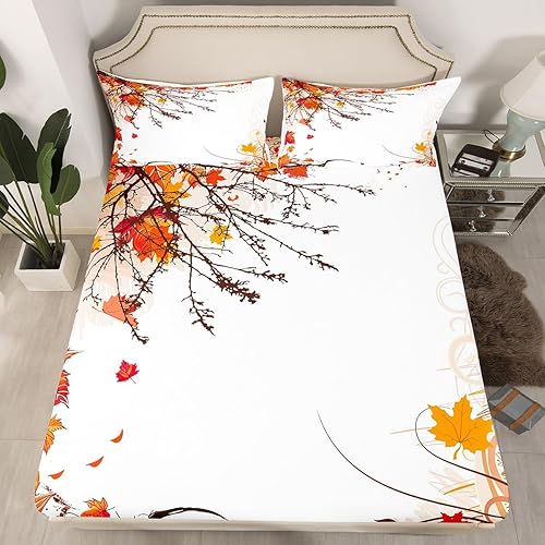 Miniatura 2 de Erosebridal Juego de sábanas de otoño de Acción de Gracias, tamaño Queen, diseño de hojas de arce rojo y naranja, juego de sábanas de jardín de