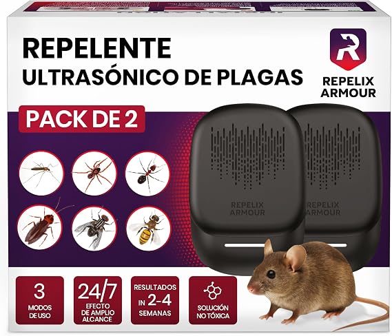 REPELIX ARMOUR, repelente ultrasónico de interior, pack de 2 aparatos, 3 modos