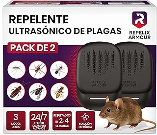 Repelente ultrasónico de plagas para Interiores – Pack de 2 – Cubre 140m² por Dispositivo – 3 Modos – Repele Ratones, Ratas, arañas, Mosquitos, Hormigas, Insectos y Moscas