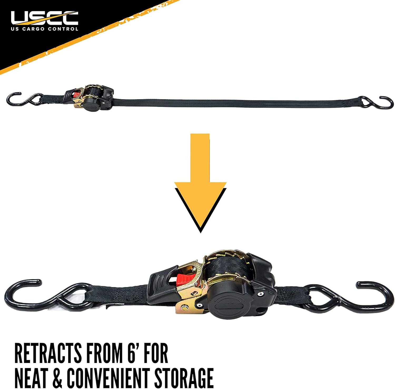 US Cargo Control Retractable Ratchet Strap with Push Button Release, 1 Inch Wide x 6 Foot Long, Vinyl Coated S Hooks, Dependable Utility Strap, 4 Pack