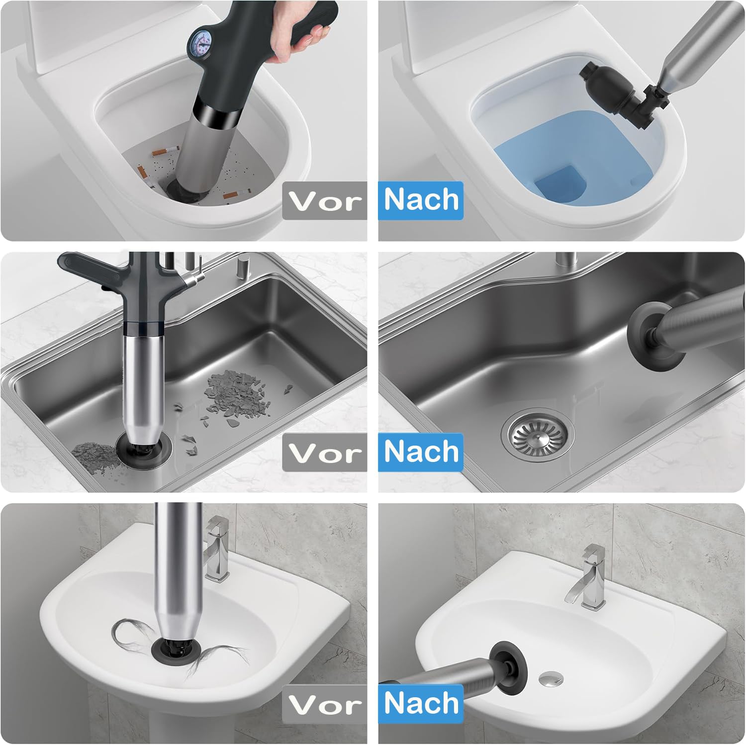Rohrreiniger Druckluft,Toiletten Pömpel Abflussreiniger Pumpe mit Luftdruckanzeige,Pressluft Rohrreiniger mit 4 Adapter,Hochdruck Toilettenkolben für Waschbecken,Rohrverstopfung,Bodenablauf