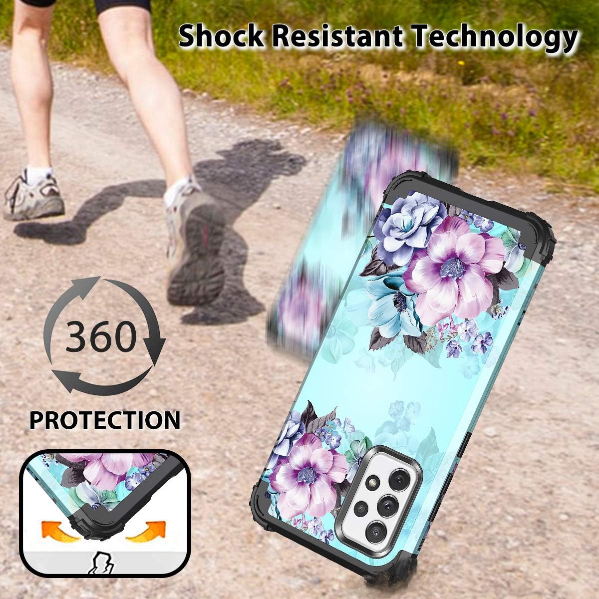 Casetego for Galaxy A52 5G Case,Floral Three Layer Heavy Duty Sturdy Shockproof Full Body Protective Cover Case for Samsung Galaxy A52 5G,Blue Flower