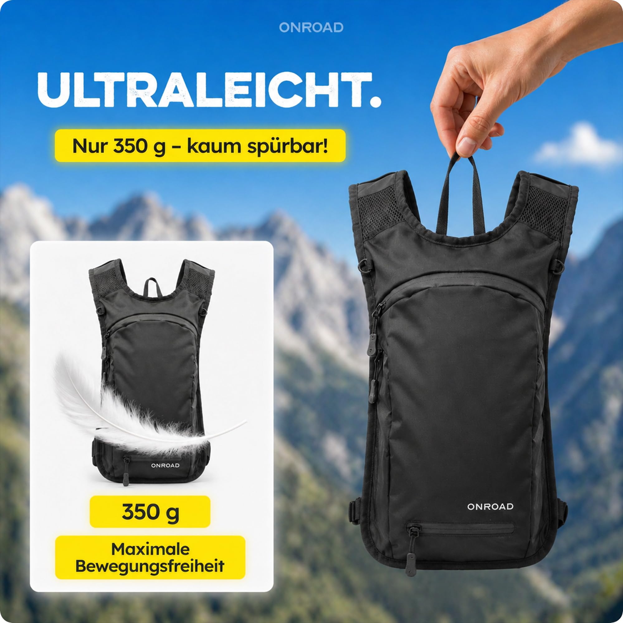 Fahrradrucksack 6L Herren & Damen ONPACK – Ultraleicht 350g – Kleiner Rucksack mit Thermofach & Helmnetz – Kleiner Fahrrad Rucksack für Männer & Damen inkl. Regenschutz, MTB Rucksack