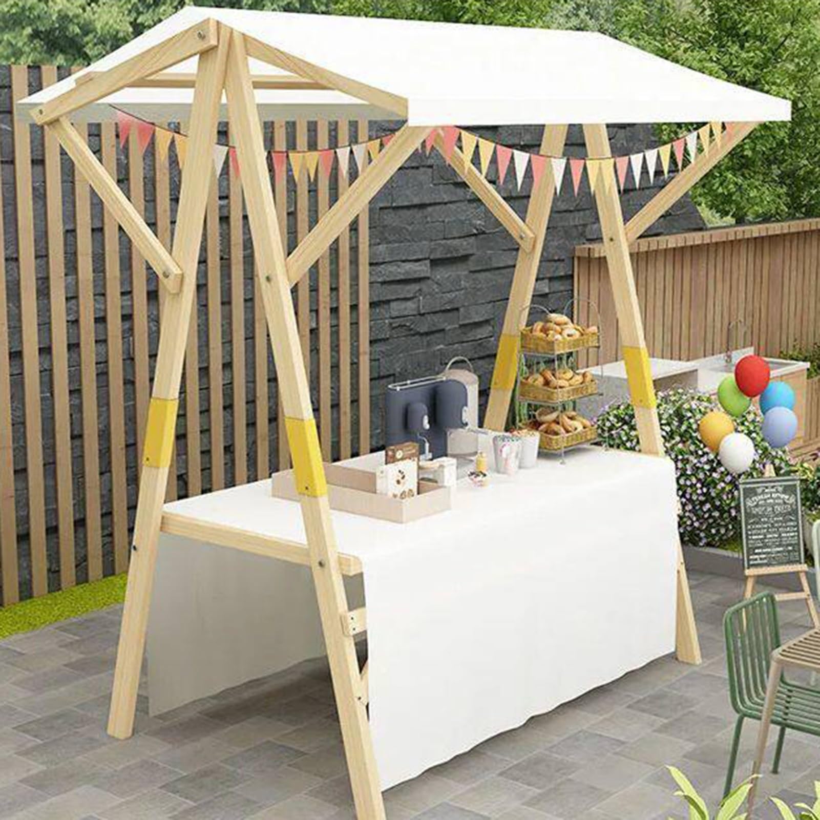Faltbarer Lebensmittelwagen aus Holz mit gestreiftem Baldachin, tragbarer Marktstand, Präsentationsständer für Straßenverkauf, 120 cm breiter Snack-Kiosk-Trolley für Outdoor-Festivals und Merchandise
