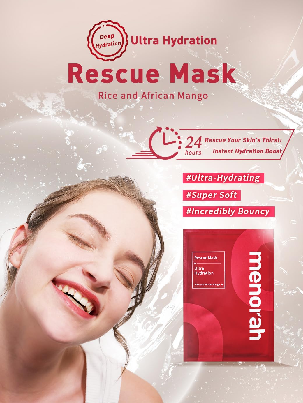 menorah Skincare - Máscara de rescate ultra hidratante (4 hojas) con arroz, mango africano, mascarillas faciales, mascarilla hidratante, súper hidratación e hidratación, 100% algodón orgánico