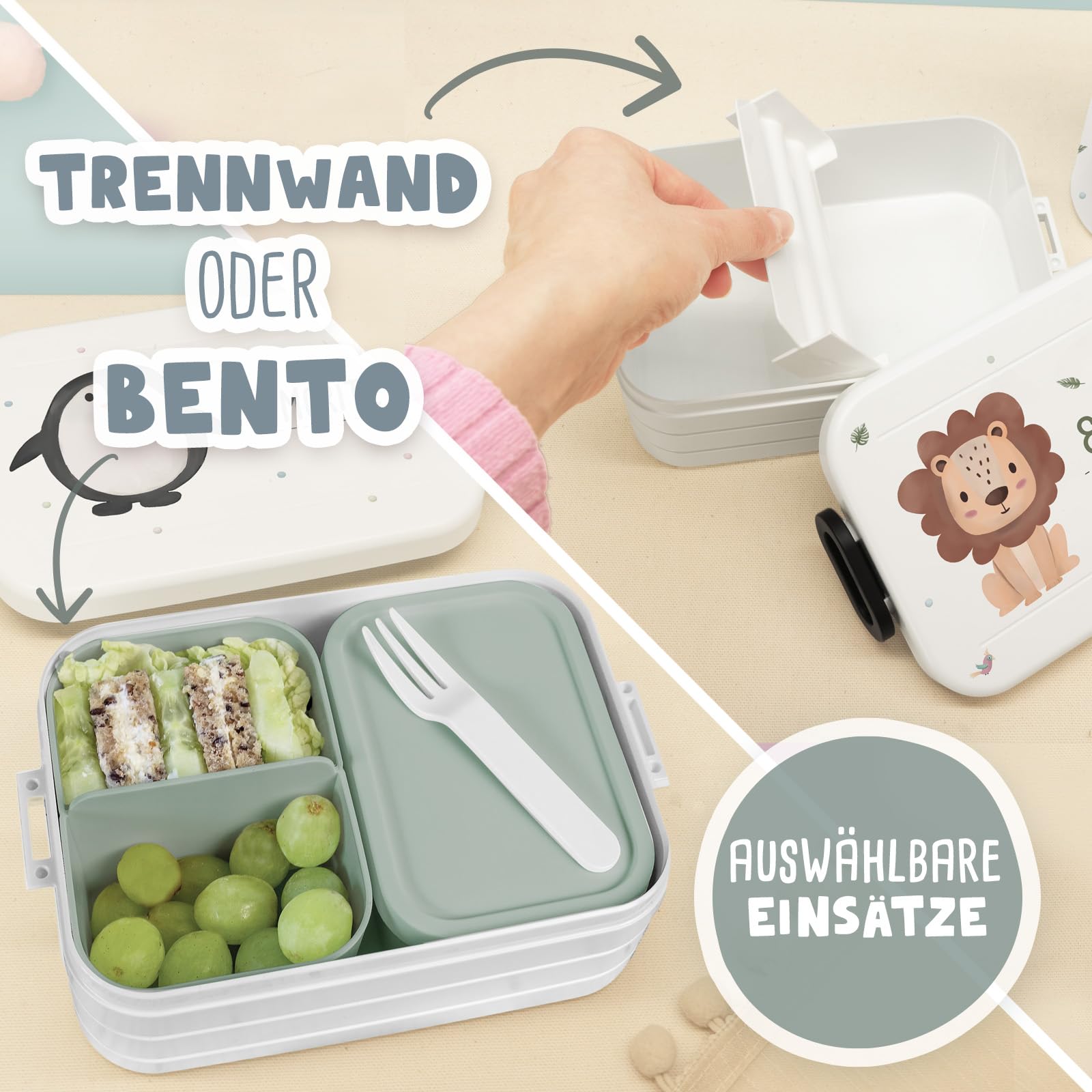 hellomini Personalisierte Mepal-Lunchbox & Edelstahl-Trinkflasche 500ml Set mit Wunschname & Tiermotiv – Brotzeitbox & Trinkflasche Kinder Schule Kita Geschenk (Elefant, Weiß)