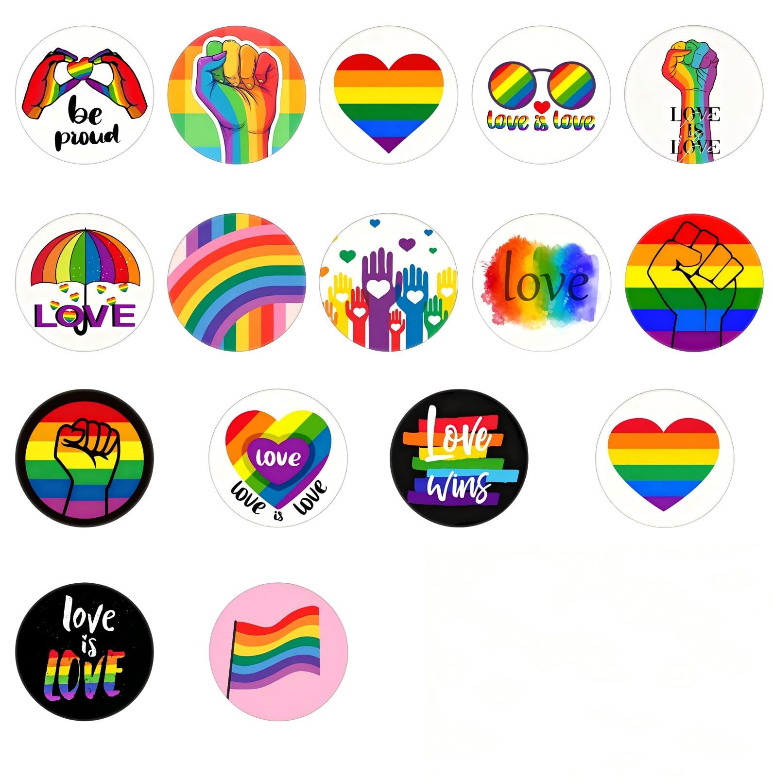Insignias LGBTQ 16 Piezas 44MM, Pines Acero Inoxidable Puño Arcoíris, Set Broches Pride para Ropa