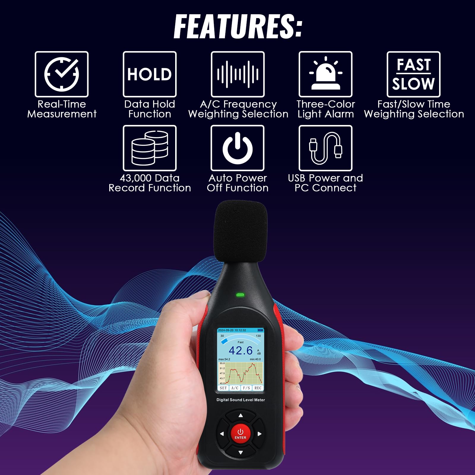Decibel Meter, Digital Sound Level Meter with Data Logging, 3-Color Alarm, A/C Weighted, HD Screen, 30-130dB Range, Rechargeable SPL Meter for Home, Classroom, Office, Factory
