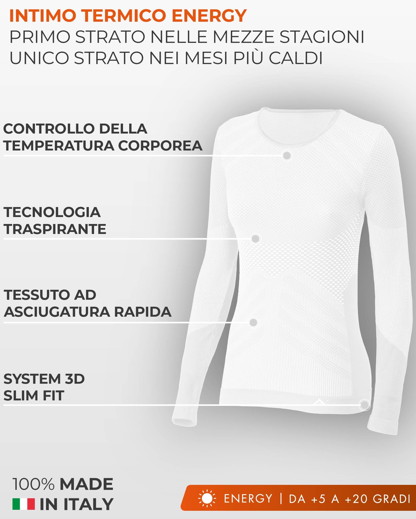 Risalti Maglia Termica Donna Manica Lunga Energy - Intimo Termico Traspirante a Compressione, Senza Cuciture ed Etichette per Sci, Trekking, Running, Ciclismo - Made in Italy
