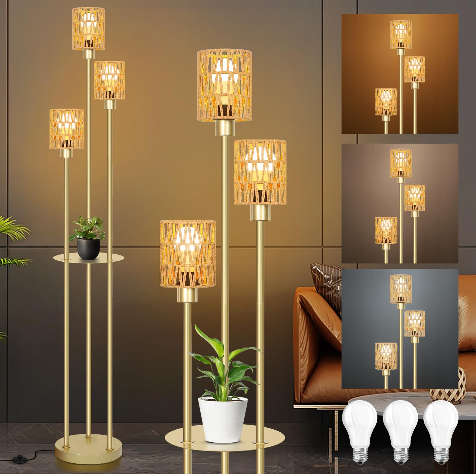 Boho Floor Lamps for Living Room,3-Lights Rattan Floor lamp with ...