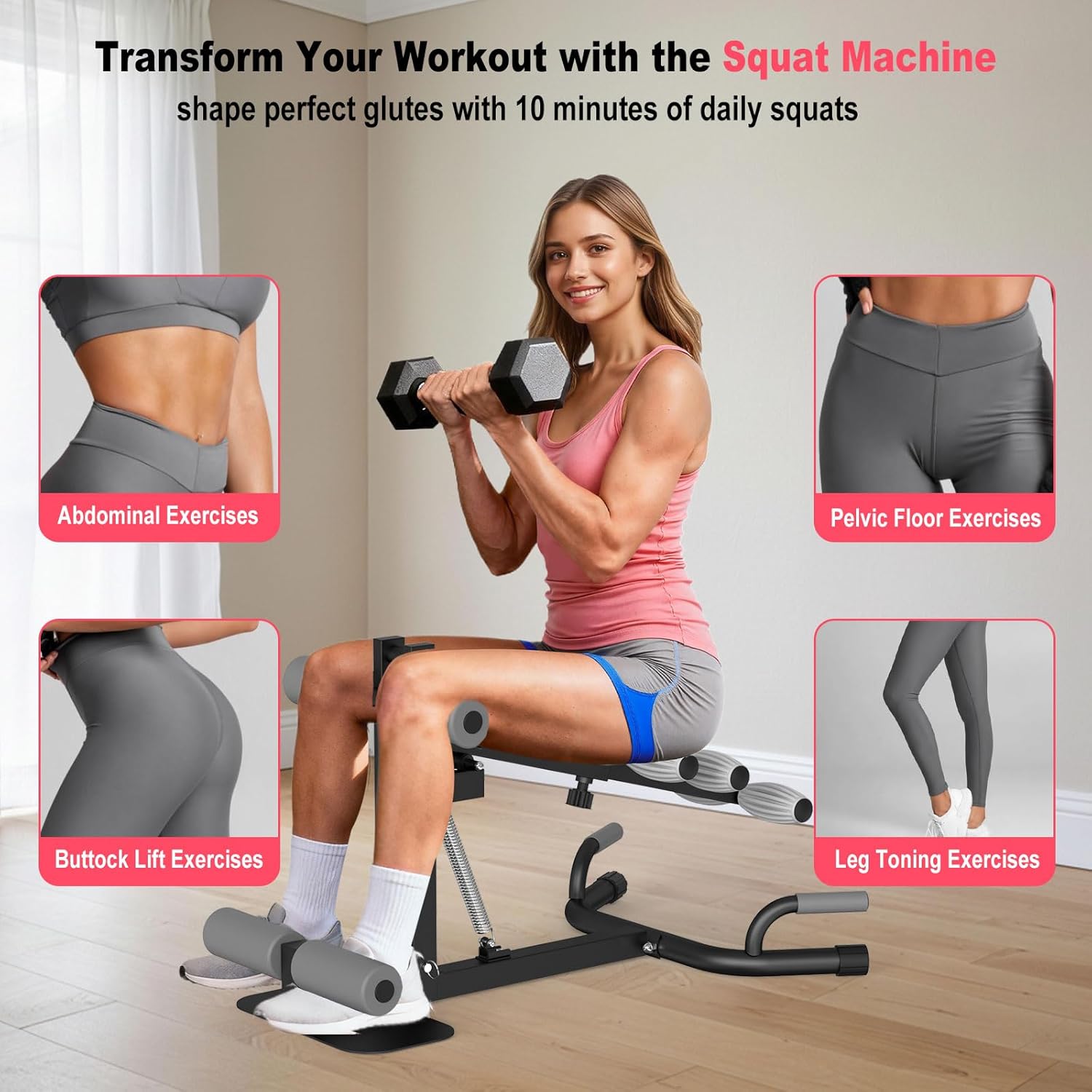 HOTWAVE Deep Squat Machine for Women - Adjustable Machine for Squats, Push Up & Ab Exercises, Targets Glutes, Thighs, Core & Abs, Home Gym with 350 lbs Capacity