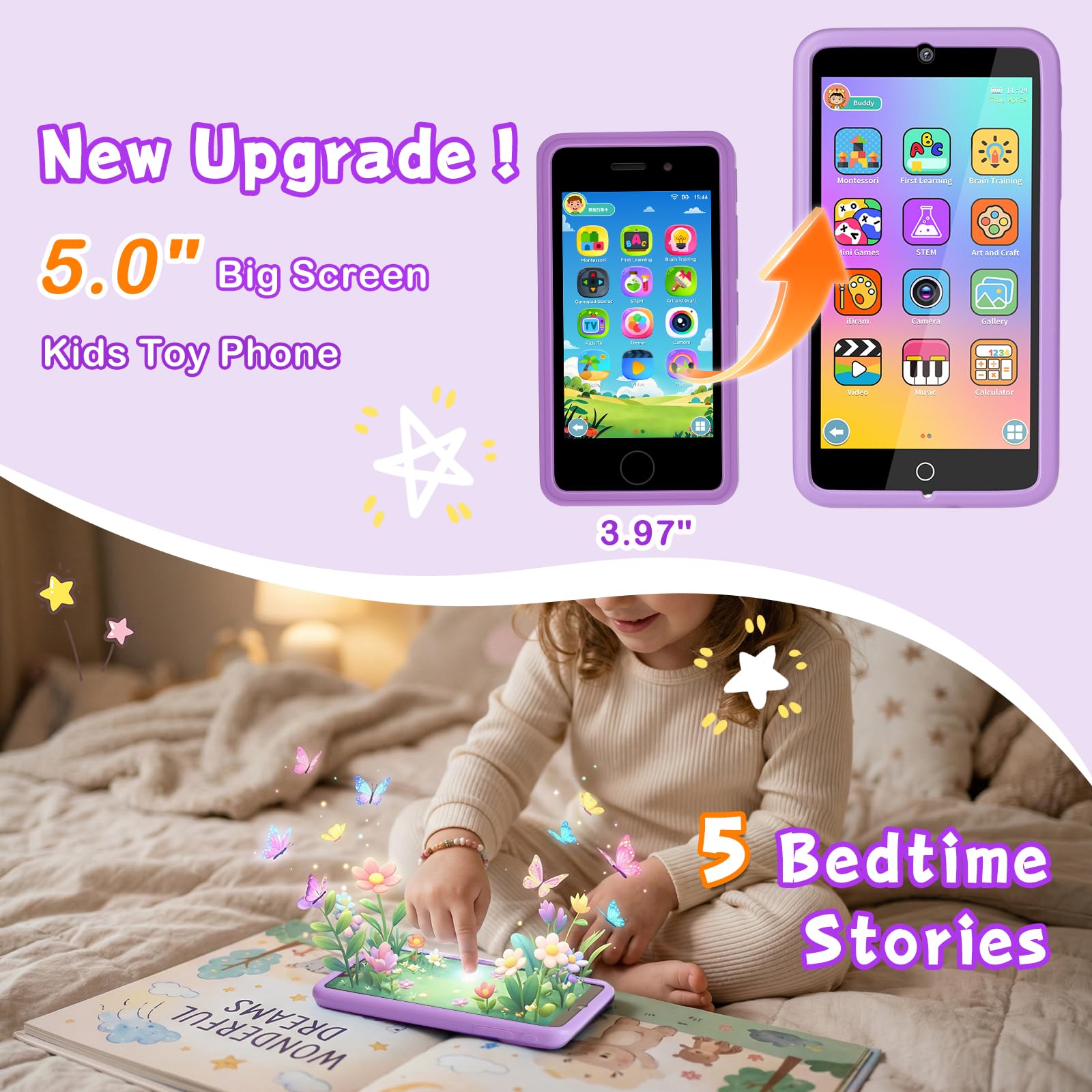 GREENCREEK Smartphone per bambini con schermo touch screen da 5 pollici, telefono per bambini con giochi e doppia fotocamera, giocattoli per bambini, ragazzi e ragazze che imparano il telefono